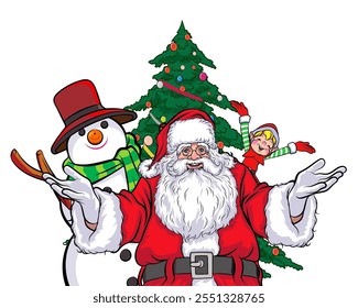 merry christmas santa and snowman reindeer elf with Christmas in pop art comic style