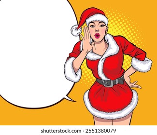 merry christmas santa and snowman reindeer elf with Christmas girl in red dress in pop art comic style