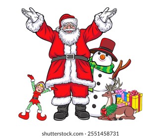 merry christmas santa and snowman reindeer elf with Christmas in pop art comic style