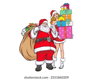 merry christmas santa and snowman reindeer elf with Christmas girl in red dress in pop art comic style