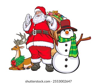 merry christmas santa and snowman reindeer elf with Christmas in pop art comic style