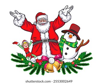 merry christmas santa and snowman reindeer elf with Christmas in pop art comic style