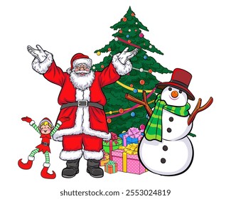 merry christmas santa and snowman reindeer elf with Christmas in pop art comic style