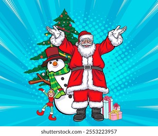 merry christmas santa and snowman reindeer elf with Christmas in pop art comic style