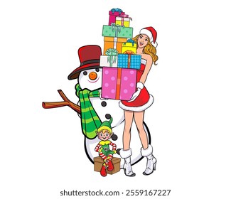 merry christmas santa and snowman reindeer elf with Christmas girl in red dress in pop art comic style