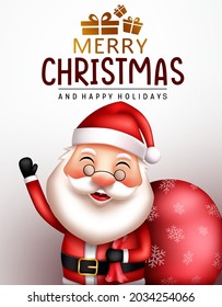Merry christmas santa vector design. Merry christmas text with friendly and happy santa claus character waving and holding sack bag for xmas greeting poster card. Vector illustration.
