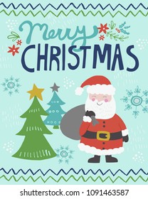 Merry Christmas Santa Vector Hand lettering with trees and snowflakes 