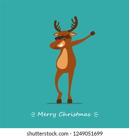 Merry Christmas! Santa's  deer Rudolph dancing dab move. Greeting Christmas card 2019