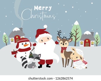 Merry Christmas! Santa's family is here to celebrating with us! Greeting card for all kid.