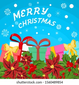 Merry Christmas. Santa's gift bag. There are gift boxes and teddy bears. On the blue background.Merry Christmas card. Vector Illustration.