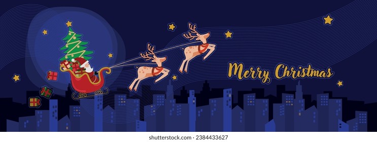 Merry Christmas - Santa's sleigh with reindeer and stars - merry christmas