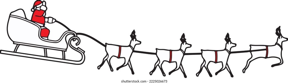 Merry Christmas Santa's Sleigh with reindeers giving out gifts flying the sky minimalist vector line art