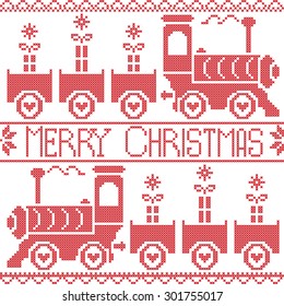 Merry Christmas Scandinavian Nordic Pattern With Gravy Train, Xmas Gifts, Heart Stars, Snowflakes In Red Cross Stitch 