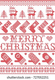 Merry Christmas Scandinavian pattern in  Nordic winter and Christmas stitched style, including snowflakes, stars, snow, heart, Christmas tree, reindeer, mitten, stocking, ornate line in red, white
