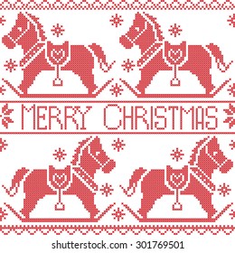 Merry Christmas Scandinavian seamless Nordic pattern, rocking pony horse, stars, snowflakes in red cross stitch
