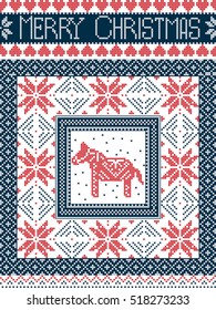 Merry Christmas Scandinavian style card, inspired by Norwegian Christmas, festive winter seamless pattern in cross stitch with Swedish Dala horse, snowflakes, decorative ornaments in red, white, blue