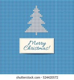 Merry Christmas Scandinavian style knitted card. White knitted christmas tree and tape about Christmas text on blue wool background. Vector illustration