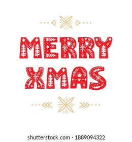Merry Christmas scandinavian style lettering card. Hand drawn winter holiday illustration. Typography emblem. Vector elements for Xmas design.