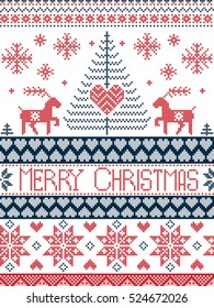 Merry Christmas Scandinavian style pattern with love heart,  reindeer , Christmas tree , snowflakes in red, blue