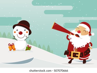 Merry Christmas scene with happy Santa Claus and Snowman. Cartoon character in flat design. Vector Illustration.