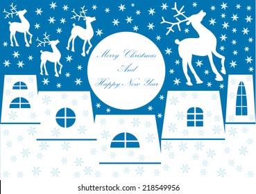 merry christmas scene with houses and reindeer silhouettes