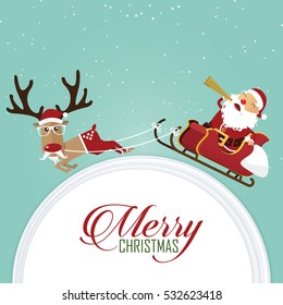 Merry Christmas scene with reindeer pulling Santa Claus's sleigh. Cartoon character in flat design. Vector Illustration