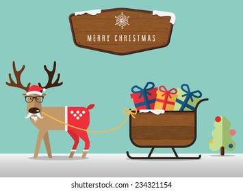 Merry Christmas Scene  With Reindeer , Santa's Sleigh And Wood Badge