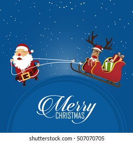 Merry Christmas scene with Santa Claus pulling Santa Claus's sleigh and reindeer. Cartoon character in flat design. Vector Illustration.