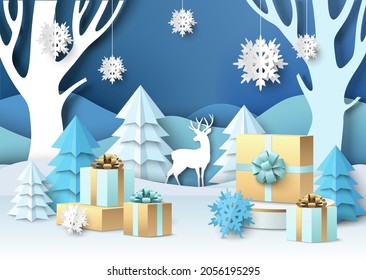 Feliz Navidad, ilustración vectorial. Caja de regalo con cinta y arco en el podio de exposición, fondo de invierno de corte de papel con silueta de ciervo.