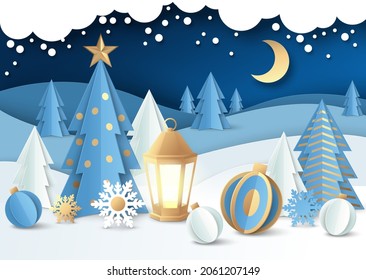 Merry Christmas scene, vector illustration in paper art style. Decorated Christmas tree with balls, lantern, winter night forest landscape.