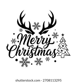 Merry Christmas script calligraphy accented with deer horns, snowflakes, and a Christmas tree, ideal for festive greeting cards, invitations, banners, posters, and holiday designs.