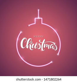 Merry Christmas script lettering inscription. Hand lettering card. Modern calligraphy for Christmas. Vector neon sign. Abstract background with bright vector neon ball. 