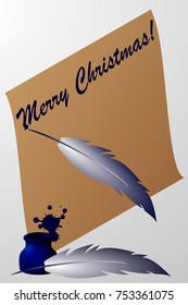 Merry Christmas! - scroll with feather pen and ink  - vector, Letter,  Vellum or papyrus, 
