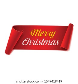 Merry Christmas scroll paper banner. red paper ribbon on white background. realistic label. isolated vector illustration