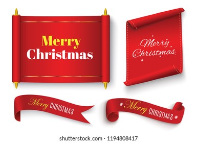 Merry Christmas Scroll Red. Realistic Paper Banners. Banner With A Congratulation. Vector Illustration.Merry Christmas On A Red Scroll. 