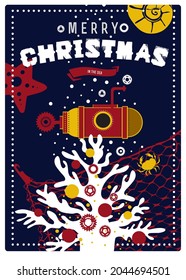 Merry Christmas at sea. Happy New Year! A stylized poster or postcard for a unique festive decoration.