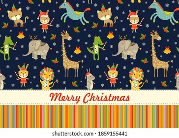 Merry Christmas Seamless background with cartoon happy animals icons. Seamless Christmas baby pattern with lion, giraffe, elephant, crocodile. Vector illustration with wild animals x-mas for kids.