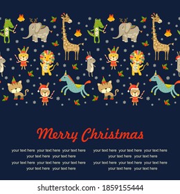 Merry Christmas Seamless background with cartoon happy animals icons. Seamless Christmas baby pattern with lion, giraffe, elephant, crocodile. Vector illustration with wild animals x-mas for kids.