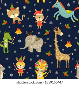 Merry Christmas Seamless background with cartoon happy animals icons. Seamless Christmas baby pattern with lion, giraffe, elephant, crocodile. Vector illustration with wild animals x-mas for kids.