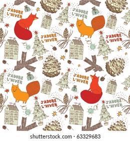 Merry Christmas, seamless background with fox