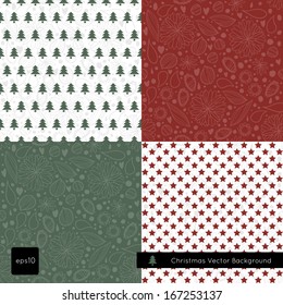 Merry christmas seamless background pattern set. Vector illustration for web page backgrounds, postcards, greeting cards, invitations, pattern fills, surface textures. With christmas tree and stars.