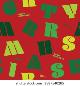 Merry christmas seamless background. Season of xmas pattern. Color of green shades alphabet on red background. Graphic for holiday season; gift, wrapping, napkin, card, print, fabric, cloths, package.