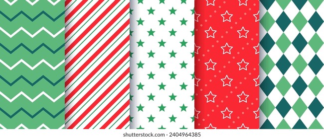 Merry Christmas seamless background. Xmas Holiday pattern. Prints with zigzag, candy cane stripes, star. Set red green textures. Vector illustration