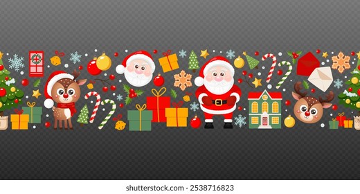 Merry Christmas seamless border with cute Santa Claus, reindeer, snowflakes, candy cane and other holiday elements. Vector illustration on trasparent background.