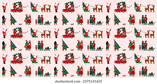 Merry Christmas. Seamless cute Santa Claus. Lettering design. Red and green pattern for greetings card, invitation, poster, banners, calendar, wallpaper, pattern fills, web page background.  Vector