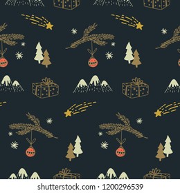 Merry Christmas seamless doodle pattern. Background surface design with mountains, gift box, tree toy, shooting star.