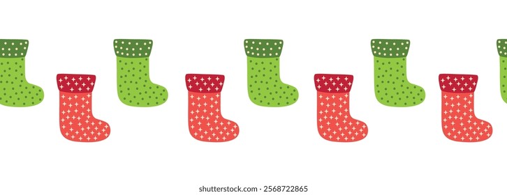 Merry Christmas seamless horizontal banner with candy cane, gingerbread, Christmas boot, flat illustration