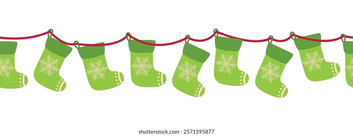 Merry Christmas seamless horizontal banner with candy cane, gingerbread, Christmas boot, flat illustration