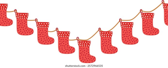 Merry Christmas seamless horizontal banner with candy cane, gingerbread, Christmas boot, flat illustration