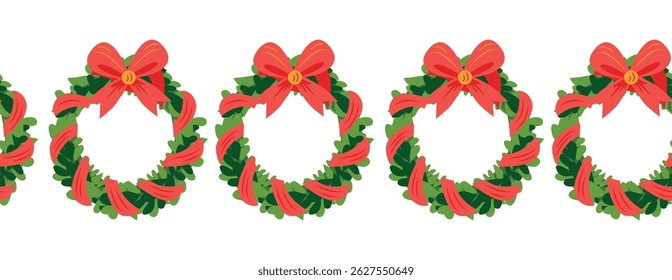 Merry Christmas seamless horizontal banner with candles, gnomes, Christmas wreath, snowman, mittens, cocoa mug. Flat illustration
